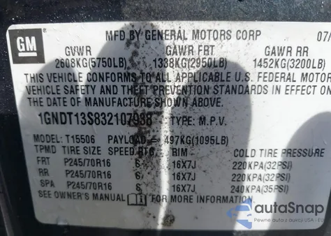 2003 Chevrolet Trailblazer Ls z USA, uszkodzony, nr VIN 1GNDT13S832107938